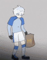 a cartoon of a person holding a mcdonalds bag