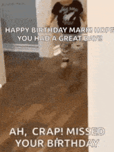 a little boy is walking down a hallway with the words `` happy birthday mark ! hope you had a great day ! ''