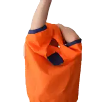 a person is wearing an orange shirt with blue trim