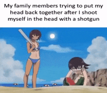 a woman in a bikini is holding a baseball bat while another woman holds a watermelon .