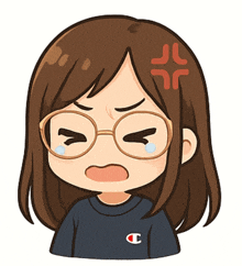 a cartoon drawing of a girl with glasses and a champion sweatshirt