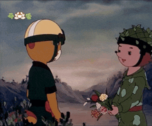a cartoon of a boy holding a bouquet of flowers next to another boy