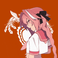 a drawing of a girl with pink hair and feathers in her hair