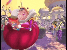 a cartoon character in a red dress is standing in front of a building .