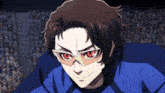 a man wearing glasses and a blue shirt with red eyes