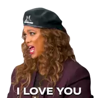 a woman wearing a hat that says i love you