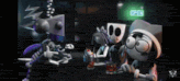 a group of cartoon characters sit at a table in front of a neon sign that says open
