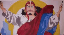 a painting of jesus from one piece with his arms outstretched and a beard .