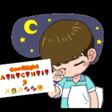 a cartoon character holding a card that says goodnight