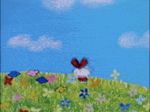 a drawing of a girl holding flowers in a field