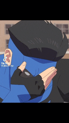 a cartoon of a person with a blue face and black gloves