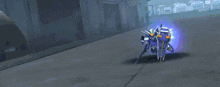 a robot is flying through the air with a blue light coming out of it 's chest .