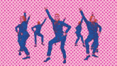 a man in a blue suit is dancing on a pink background with polka dots