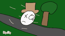 a cartoon of a man with a top hat and a x on his face runs down a road