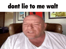 a bald man in a white shirt is sitting in a chair with the words " dont lie to me walt " below him