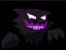 it looks like a pixel art of a ghost with purple teeth .