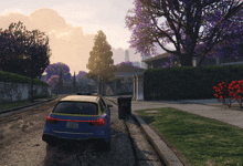 a blue car with a license plate that says ' lgc ' on it drives down a street