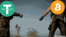 two soldiers standing next to each other with a tether and a bitcoin symbol on their heads