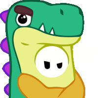 a cartoon drawing of a green dinosaur with a purple tail