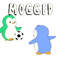 two penguins are playing with a soccer ball with the word mogged above them