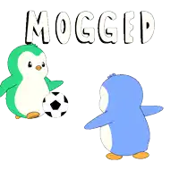 two penguins are playing with a soccer ball with the word mogged above them