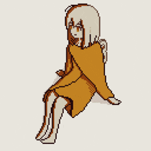 a pixel art drawing of a girl in an orange dress