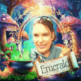 a woman is holding a scroll that says emerald