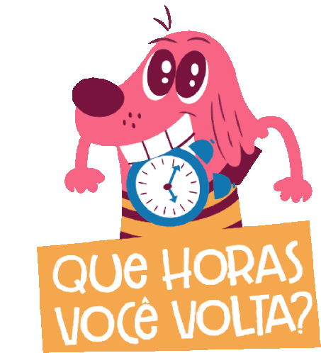 Dog Biting Clock Asks What Time Will You Be Back In Portuguese Sticker - Adoptinga Best Friend Que Horas Voce Volta Google Stickers
