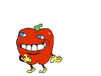 a pixel art drawing of a cartoon apple pointing at something