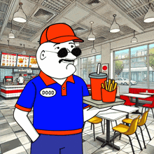 a cartoon drawing of a man in a doood shirt holding a tray of food