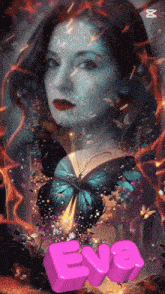 a woman with a butterfly and the word eva