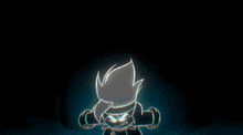 a cartoon character with glowing eyes is standing in front of a glowing statue