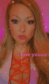 a woman with long blonde hair says i love youuu in pink letters