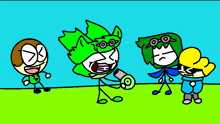 a group of stick figures are standing next to each other and one of them has a microphone in his mouth .