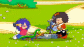 a cartoon of a girl with purple hair and a girl with black hair playing with a toy