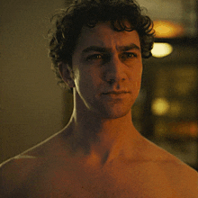 a man without a shirt looks at the camera
