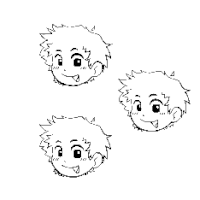 a black and white drawing of three cartoon characters ' faces with different expressions .