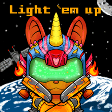 a cartoon of a unicorn in space with the words light 'em up below it