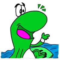 a cartoon drawing of a green turtle holding a surfboard