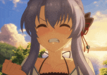a girl with purple hair is making a face with her mouth open