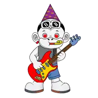 a cartoon character holding a red guitar with the word zhot on it