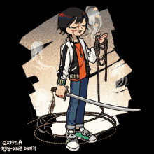 a drawing of a boy holding a sword and a rope with extra a written on the bottom right