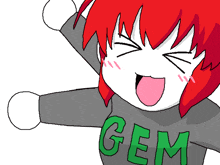 a drawing of a girl with red hair wearing a sweater that says gem