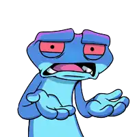 a blue and purple cartoon character with red eyes is making a funny face