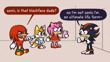 a cartoon of sonic the hedgehog talking to knuckles tails and amy