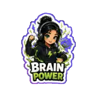 a sticker with a girl wearing headphones and the words brain power on it
