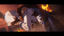 a man and woman are kissing in front of a fire in a video game .