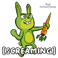 a cartoon of a green rabbit holding a carrot with the words screaming behind it