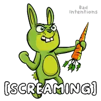 a cartoon of a green rabbit holding a carrot with the words screaming behind it