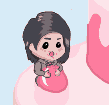 a cartoon of a girl holding a pink balloon with her mouth open